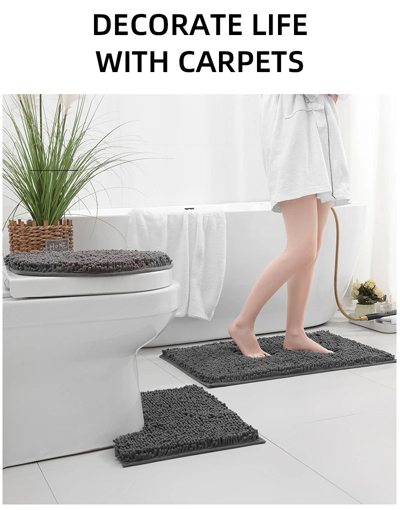 3-piece bathroom chenille floor mat, absorbent anti slip bathroom carpet, bathroom U-shaped foot mat, toilet lid, TPR anti slip
