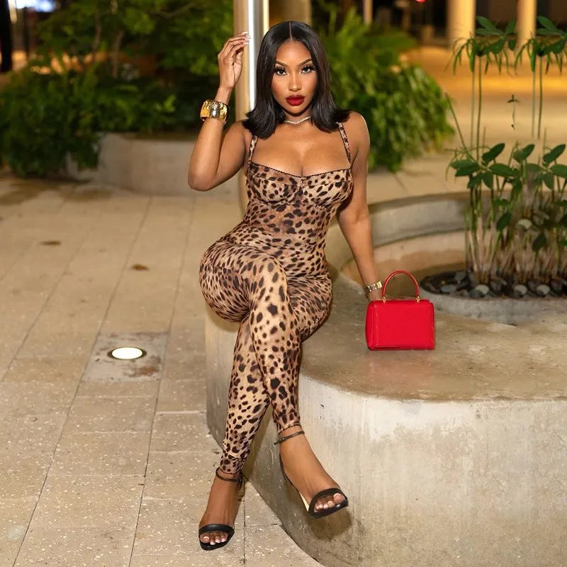 Joskaa Leopard Print Workout Jumpsuit Women Hipster Spaghetti Strap Sleeveless Lift Hips Romper 2025 Fashion Overalls Streetwear