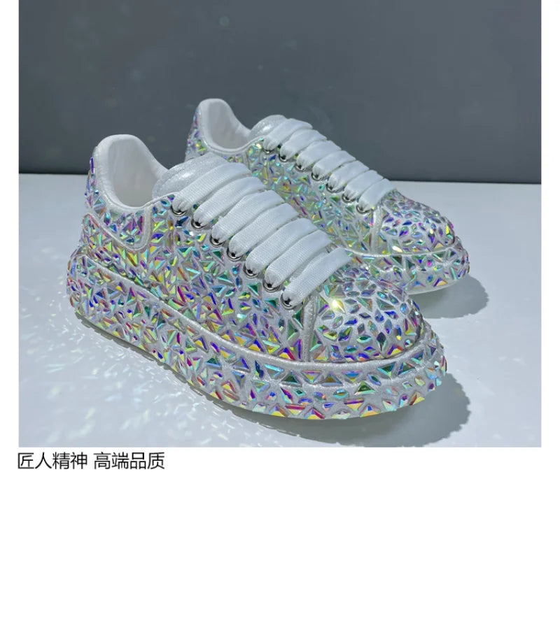Leather Women Shoes Autumn Spring  New Style Fashion Platform Shoes Ins Platforms Sneakers Tide Shine Bling Rhinestone Shoes