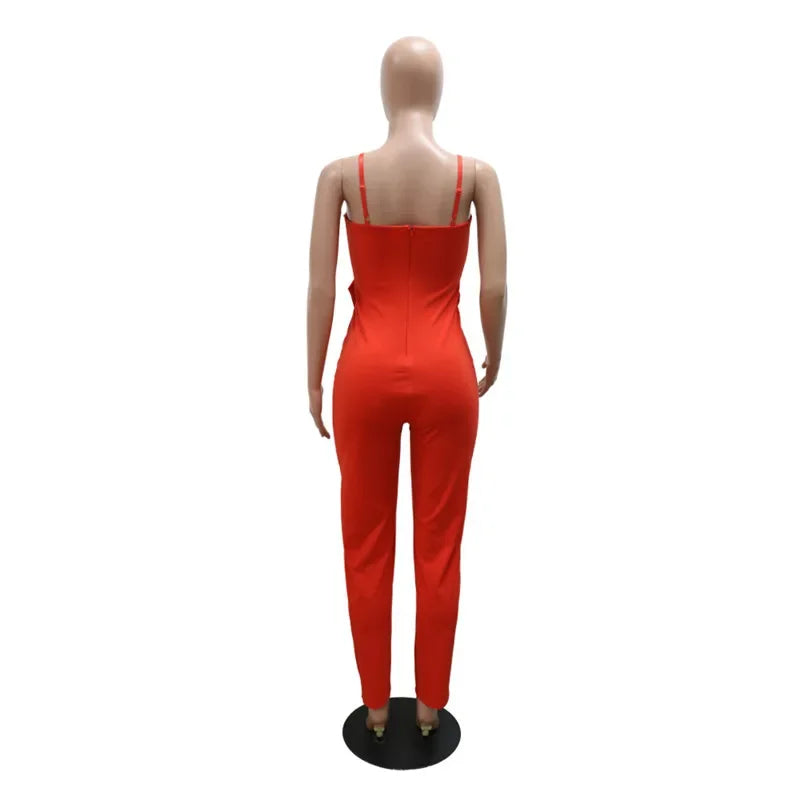 Spaghetti Strap Deep V Neck Sexy Women Straight Jumpsuits Rompers 2023 Rhinestone Big Bowknot Party Jumpsuit Birthday Outfits