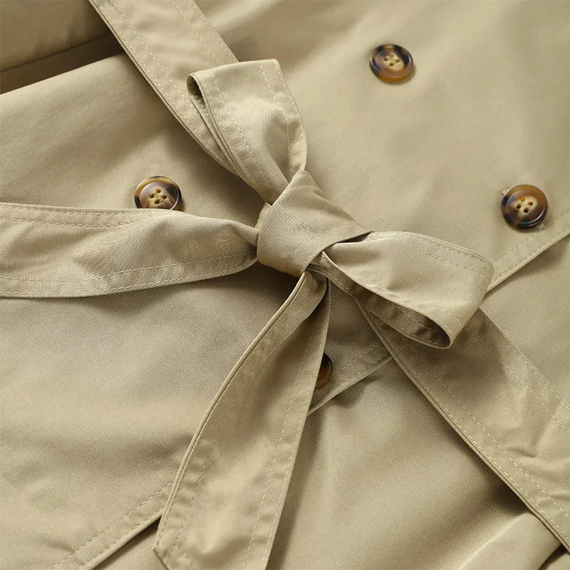 Fashion Belt Short Trench Coat Women Stand Collar Double Breasted Pocket Long Sleeve Coats 2025 Autumn Lady Commute Chic Outwear