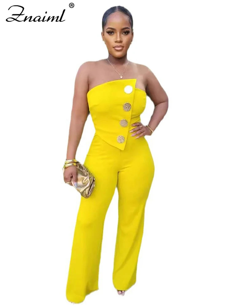 Znaiml Sexy Yellow Button Wide Leg Pants Stretch Long Rompers One Pieces Overalls Women Strapless Jumpsuit Birthday Streetwear