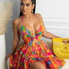 Znaiml Women's Halter Sleeveless V-neck Backless Cut out Ruffles Floral Print Mini Dress A-line Summer Vacation Beach Outfit