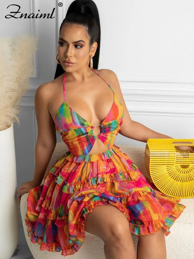Znaiml Women's Halter Sleeveless V-neck Backless Cut out Ruffles Floral Print Mini Dress A-line Summer Vacation Beach Outfit