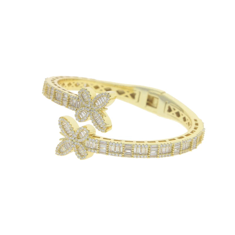 New Iced Out Bling Opened Butterfly Charm Bracelet Silver Color Zircon Insects Bangle For Men Women Hip Hop Luxury Jewelry