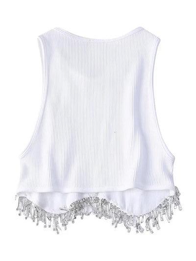 High Street Sexy Hem Tassel Diamond Beading Knitting T Shirt Chic Short Camis Tank Lady Slim Crop Vest Tops