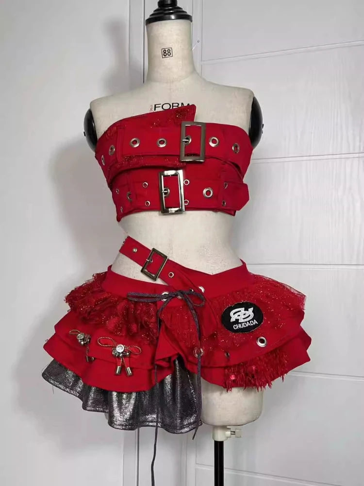 Punk Style Vintage Woman 2 Piece Sets Y2k Design Strapless Crop Tops + High Waist Ruffle Skirt Female Party Korea Style Outfits