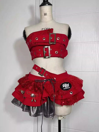Punk Style Vintage Woman 2 Piece Sets Y2k Design Strapless Crop Tops + High Waist Ruffle Skirt Female Party Korea Style Outfits