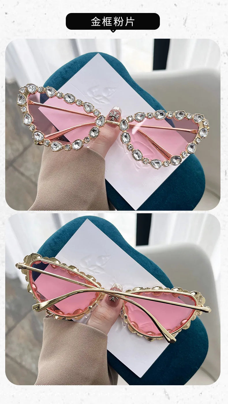 KLASSNUM Luxury Woman Sunglasses Cat-eye Rhinestone Sunglasses 2024 Trendy Party Eyepiece Glitter Metal Frame Color Lens Shades