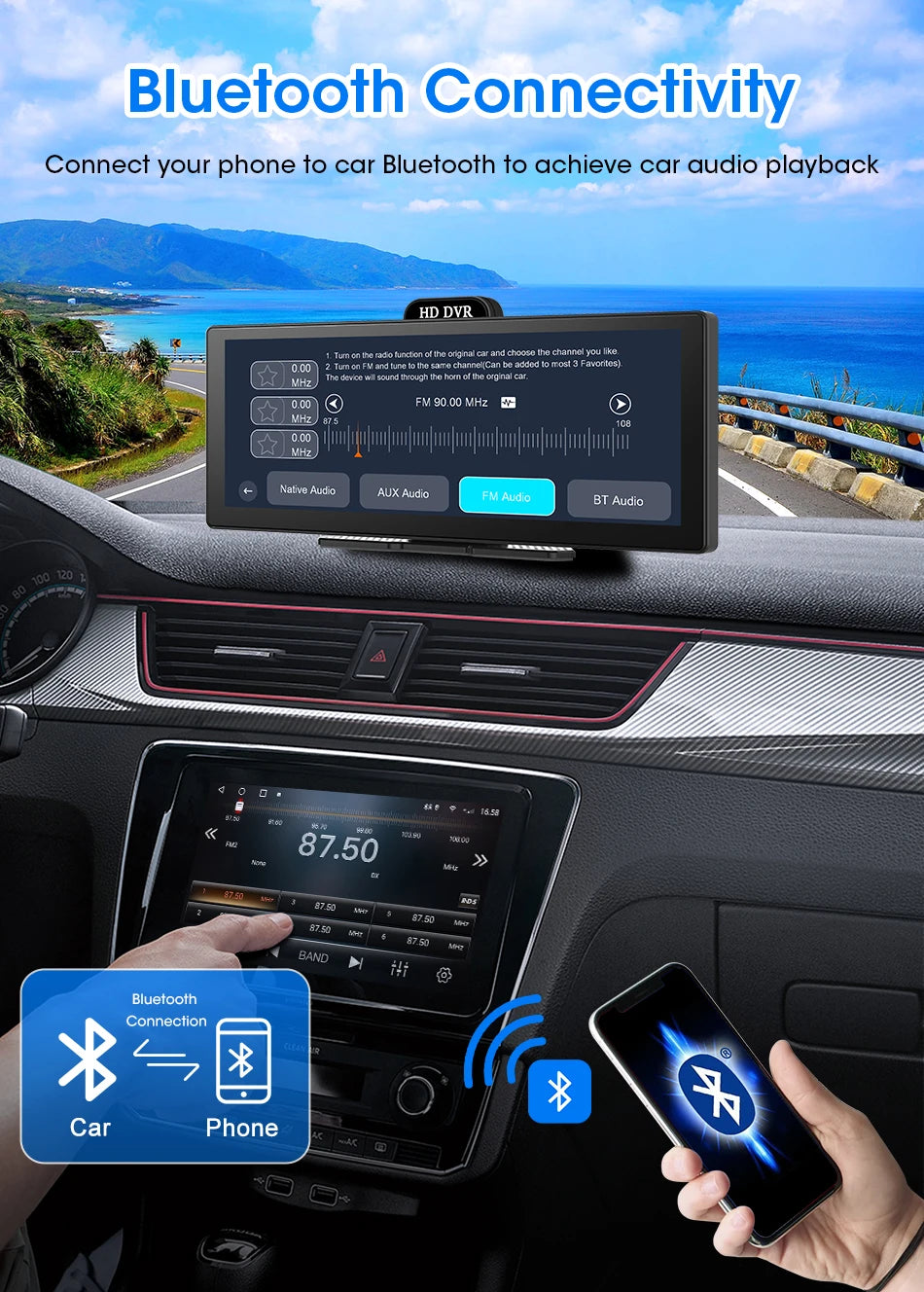 11.26 Inch 4K DVR Wireless CarPlay & Android Auto Dash Cam Bluetooth Audio GPS Navigation Dashboard Dual Lens Video Recorder