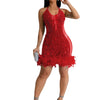 Elegant Luxury Sequins See Through Feather Mini Dress Celebrity Halter Backless Women‘s Sexy Birthday Party Nightclub Vestidos
