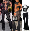FAGADOER Sexy Lace See Through 2 Piece Sets Woman Outfit Hollow Out Crop Top + Flare Pants Female Y2K Streetwear Summer Spring