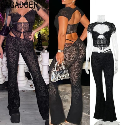FAGADOER Sexy Lace See Through 2 Piece Sets Woman Outfit Hollow Out Crop Top + Flare Pants Female Y2K Streetwear Summer Spring