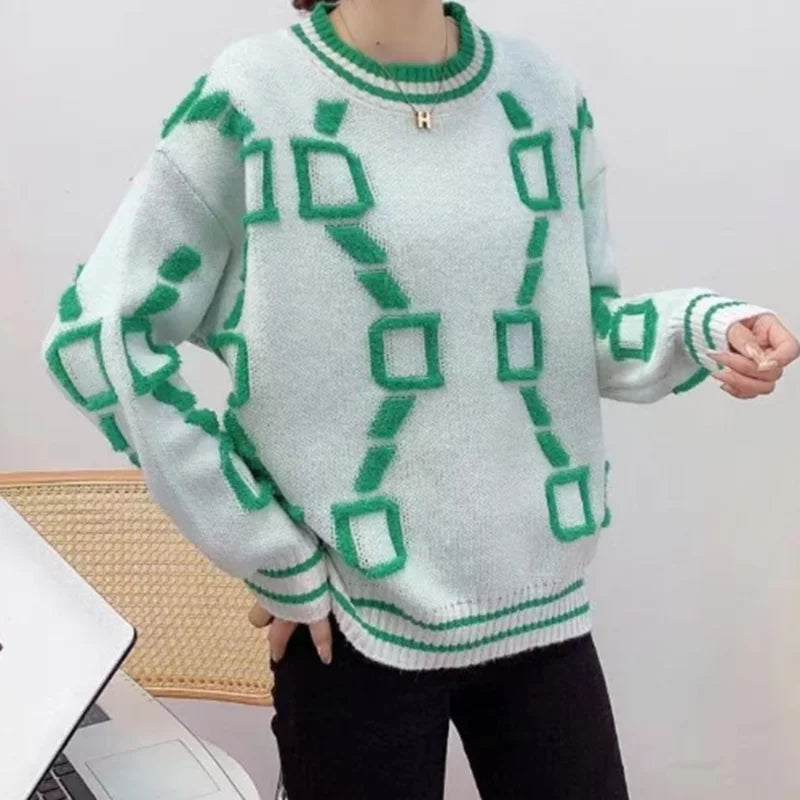 Knitted Sweaters Women 2023 Spring/Autumn Round neck Letter  Embroidery Pullovers Top Temperament casual warm Tee contrast color