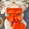 Women Vintage Two Pieces Skirt Sets Women Long Sleeve Sexy Slash Neck Bandage Ruffle Blouse Top and High Waist  Hip Wrap Skirt