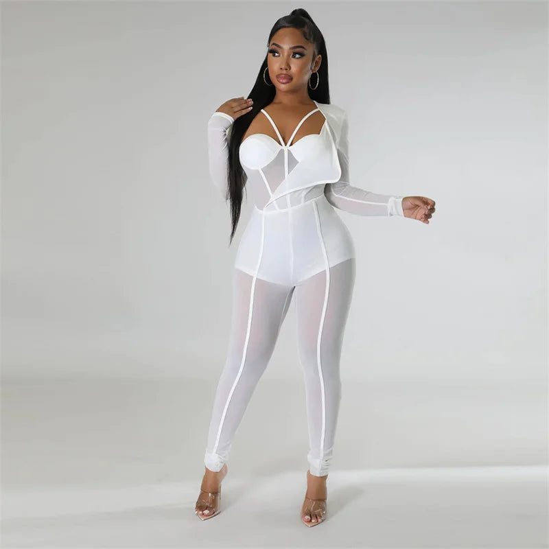 Sexy Mesh Patchwork Sheer Night Club Bodycon Jumpsuit for Women See Through One Piece Rompers Clubwear Party Birthday Outfits