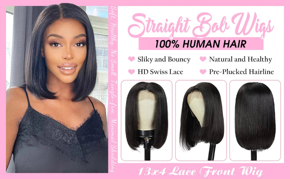 YIJIMEI 13x4 Straight Bob Wigs Human Hair Lace Frontal Wig 180% Density Natural Color Brazilian Wigs On Sale 10-14inch