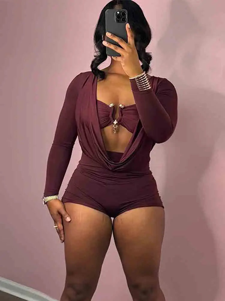 Insglas Spring Trend Swing Collar Sexy Women Romper+Metal buckle Bra Hipster Midnight Party New Workout Fit Coquette Playsuits