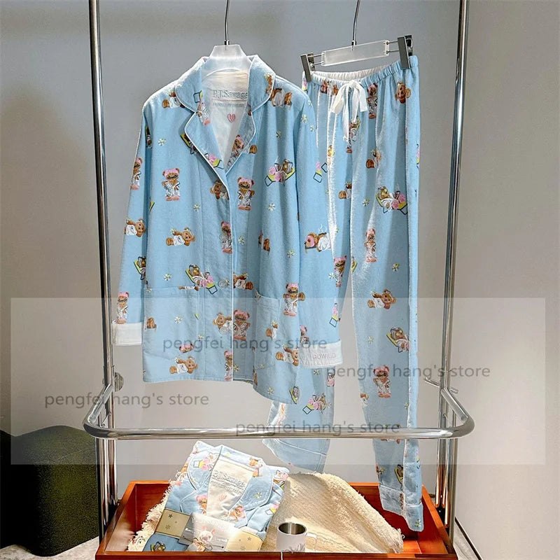 Pink Cartoon Print Pajamas Set Women Soft Sleepwear Cotton Shirt Pant Long Sleeve Autumn Home Clothing Christmas Party Gift