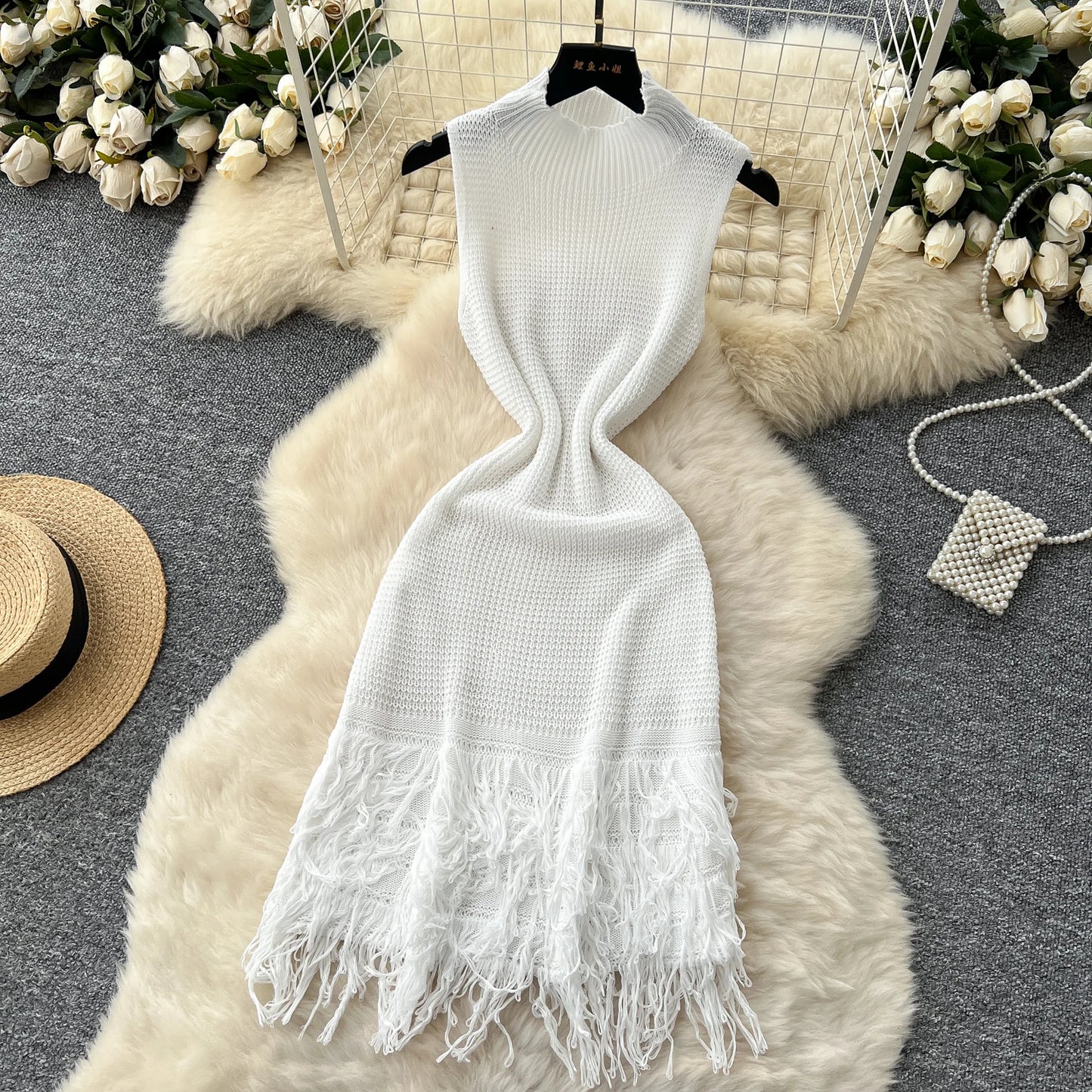 Chic Elastic Knit tassel O Neck Women Elegant Korean Fashion Vestidos Summer A-line Wrap mini dress