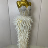 Stock 2025 Women Sexy Sparkly Rhinestone Mesh Feather Long Dress Elegant Evening Party Celebrate Birthday Performance Costume