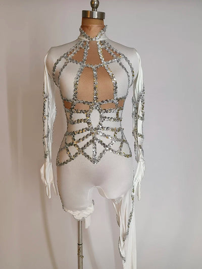 New Sequins Jumpsuit White Stretch Pole Dance Costume Drag Queen Outfit Singer Dancer Performance Wear Adult Clubwear Jumpsuit