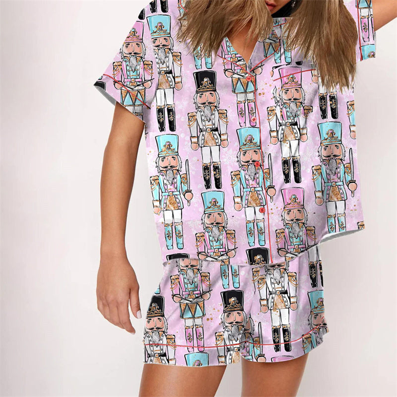 Nutcracker Pajamas Women Christmas Pajama Set Short Sleeve Tops+Elastic Waist Shorts Santa Claus Avatar Print Sleepwear Outfits