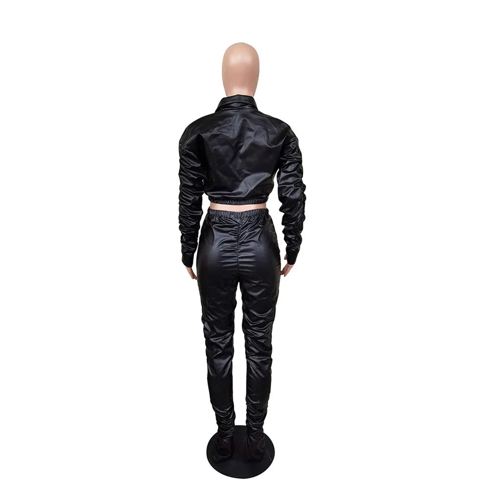 Sexy PU Faux Leather Two Piece Set for Women Birthday Night Club Outfits Crop Top and Slit Stacked Pants Matching Sets Undefined