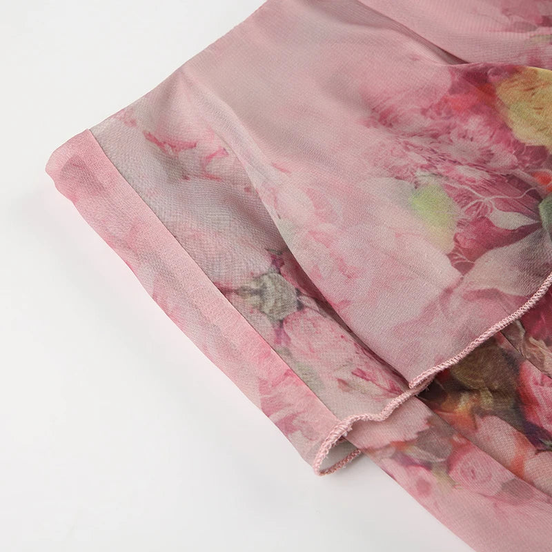 BIIKPIIK Vacation Ruffles Skirts Fashion Floral Print Vintage Elegant Women Skirts Designed Semi-perspective Sexy Holiday Bottom