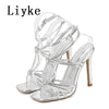 Liyke Summer Blue Denim Sandals Women Elegant Square Toe Party Wedding High Heels Crystal Buckle Narrow Band Female Dress Shoes