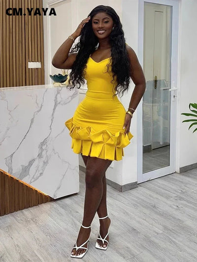 CM.YAYA Women Spaghetti Strap Sleeveless V-neck Mini Dress 2025 Summer Ruched Stacked Party Evening Night Club Chic Dresses