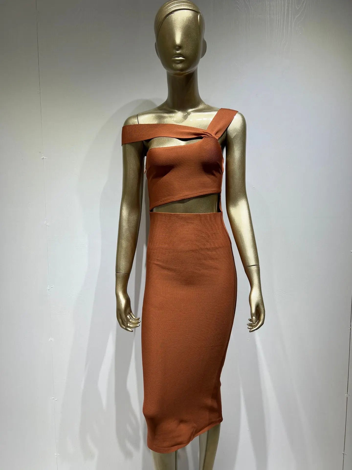 Women Summer Sexy Hollow Out Brown Midi Knee Length Bodycon Bandage Dress 2023 Designer Elegant Evening Party Dress Vestido
