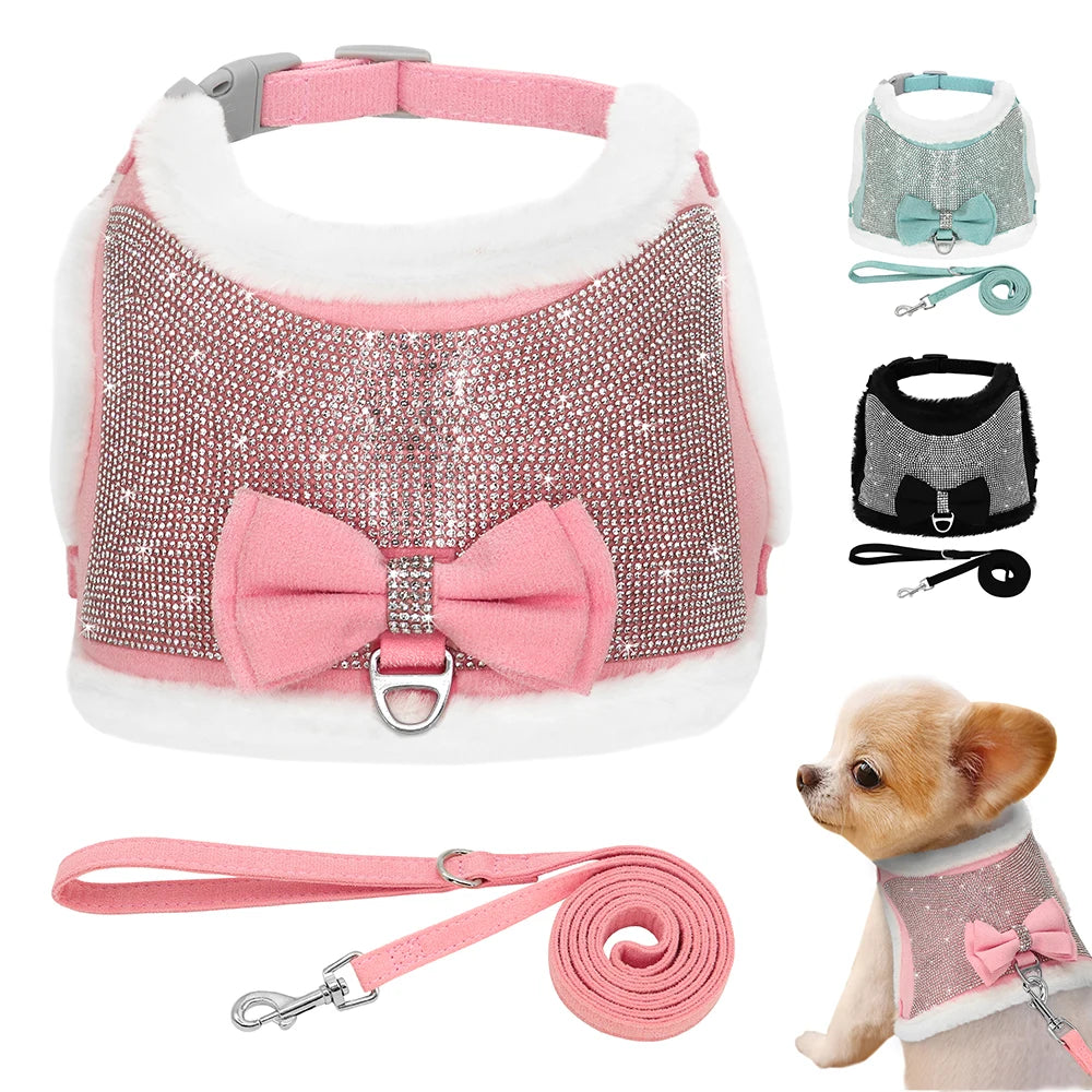 Rhinestone Dog Harness and Leash Set Soft Warm Pet Harness Vest Dogs Bowknot Harness Lead Adjustable For Chihuahua Dogs Cats