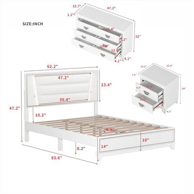 3 Pieces Bedroom Sets Queen Size Upholstered Bed with LED Lights, Nightstands, 3 Piece Wood Bedroom Furniture Set, White