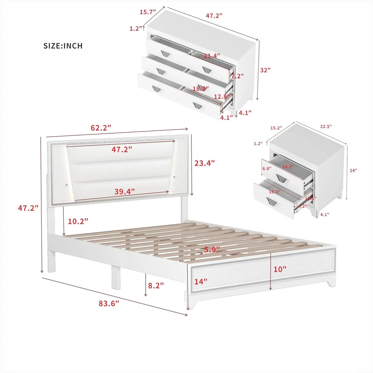 3 Pieces Bedroom Sets Queen Size Upholstered Bed with LED Lights, Nightstands, 3 Piece Wood Bedroom Furniture Set, White
