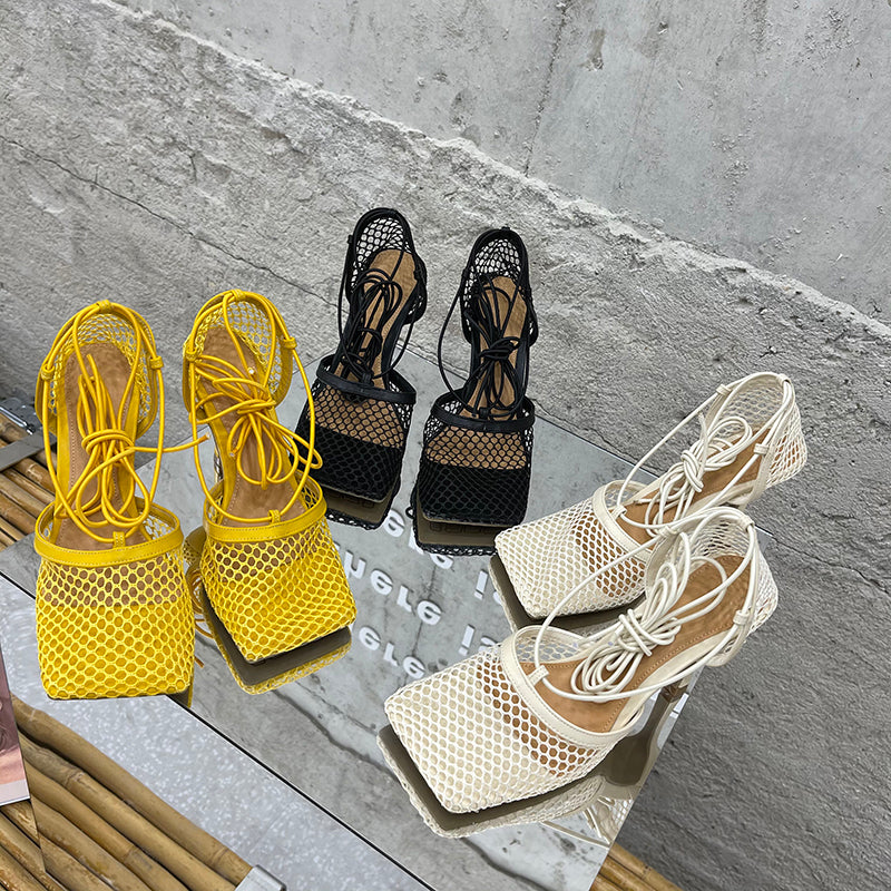 Aneikeh 2024 Summer Sexy Mesh Pumps Sandals Female Square Toe High Heel Lace Up Cross-Tied Stiletto Hollow Dress Party Shoes