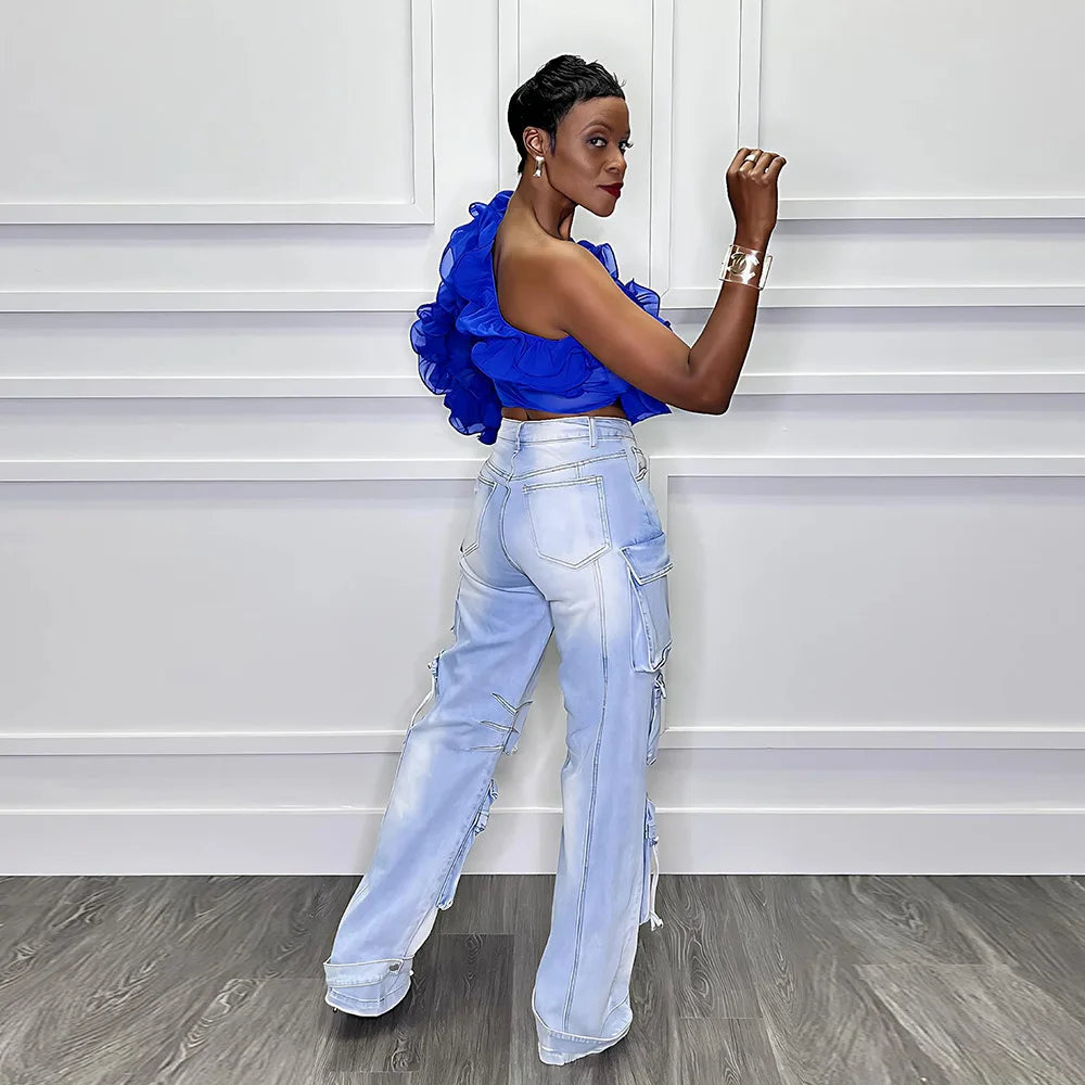 CM.YAYA Women Ruffles One Sleeve Skew Collar Tunic Blouse and Shirt Tops 2024 Summer Streetwear Night Club Party Beach Tops