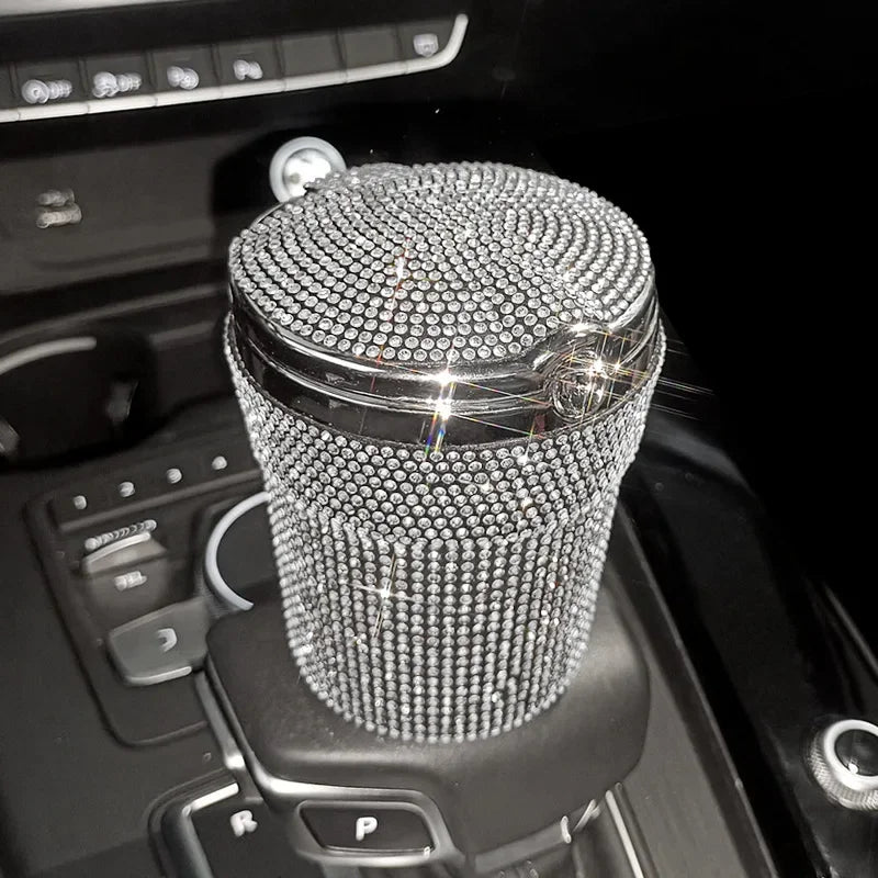 Crystal Diamond Car Ashtray Auto Portable Bling Cigarette Smokeless with LED Light Indicator Car Accessories for Women