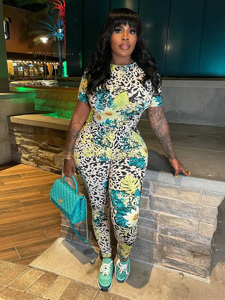 Insglas Print Jumpsuit Women Casual Colorful  Short Sleeve Summer Activity o-Neck Skinny Stretch Fitness Soft Street Overalls
