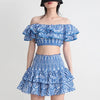 TWOTWINSTYLE Hit Color Print Casual Two Piece Sets For Women Slash Neck Short Sleeve Top High Waist Skirt Summer Set Female New