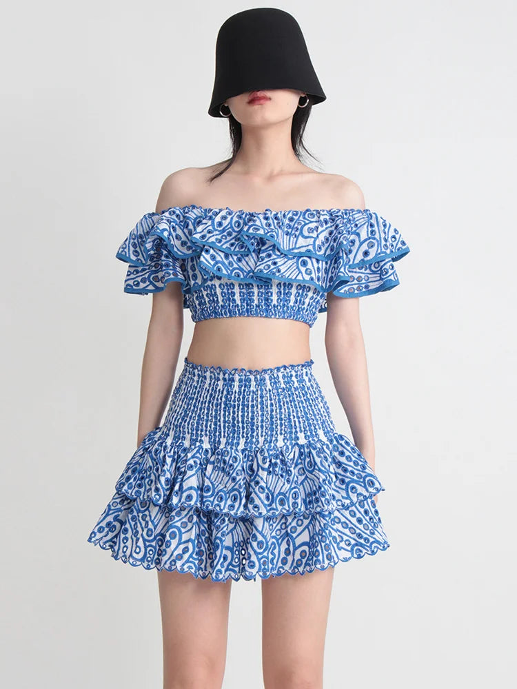TWOTWINSTYLE Hit Color Print Casual Two Piece Sets For Women Slash Neck Short Sleeve Top High Waist Skirt Summer Set Female New