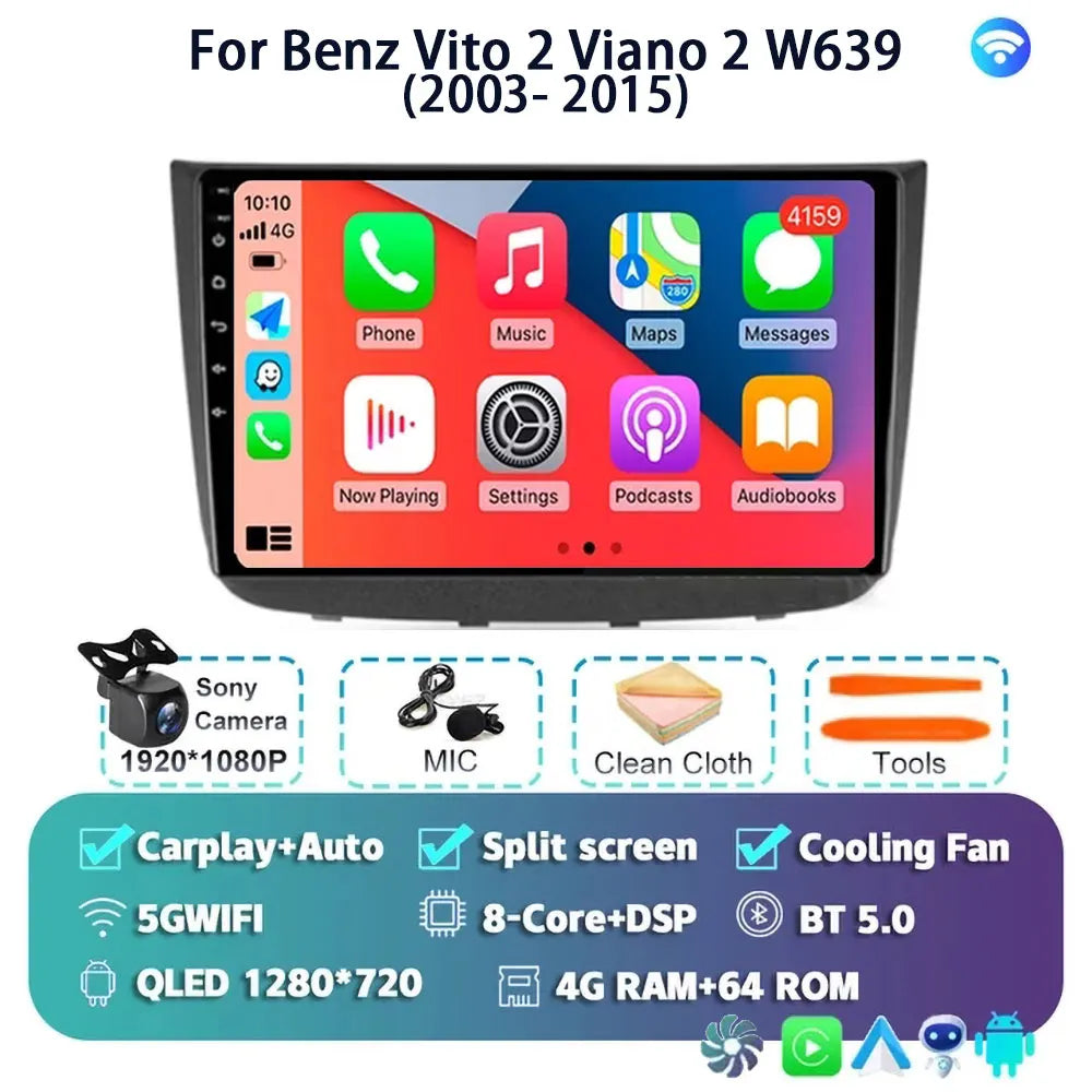 Android 14 For Benz Vito 2 Viano 2 W639 2003- 2015 2K QLED Android Car Radio Multimedia Video Player BT Stereo CarPlay Head Unit