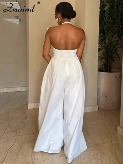 Znaiml Elegant Evening Gowns Biarthday Party One Pieces Wide Leg Pants Outfit for Women White Halter Backless Jumpsuit Rompers