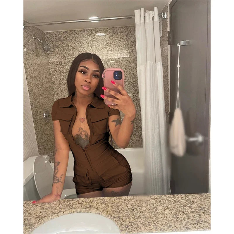 Streetwear Zipper Pockets Shorts Jumpsuit Women Clothing Short Sleeve Skinny Cargo Playsuit Summer Casual One Pieces Romper
