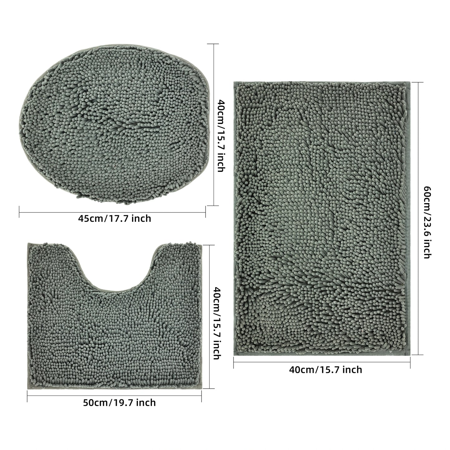 3-piece bathroom chenille floor mat, absorbent anti slip bathroom carpet, bathroom U-shaped foot mat, toilet lid, TPR anti slip
