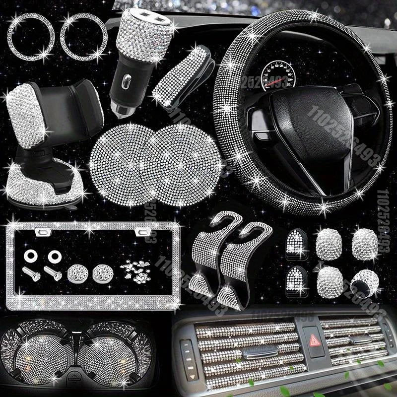 27PCS/Set Women Bling Universal Fit Polyester Steering Cover Shiny License Frame Phone Holder Coasters Tools Car Accessorie