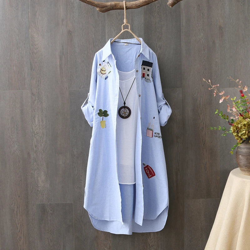 Women Cotton Embroidery Loose Long White Shirts 2025 Spring Autumn New Casual Office Lady Blouse Female Top Loose shirt