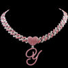 Hip Hop Bling Pink Crystal Cursive Initial Letter Cuban Necklace for Women Iced Out Paved Cuban Chain Necklace Choker Jewelry