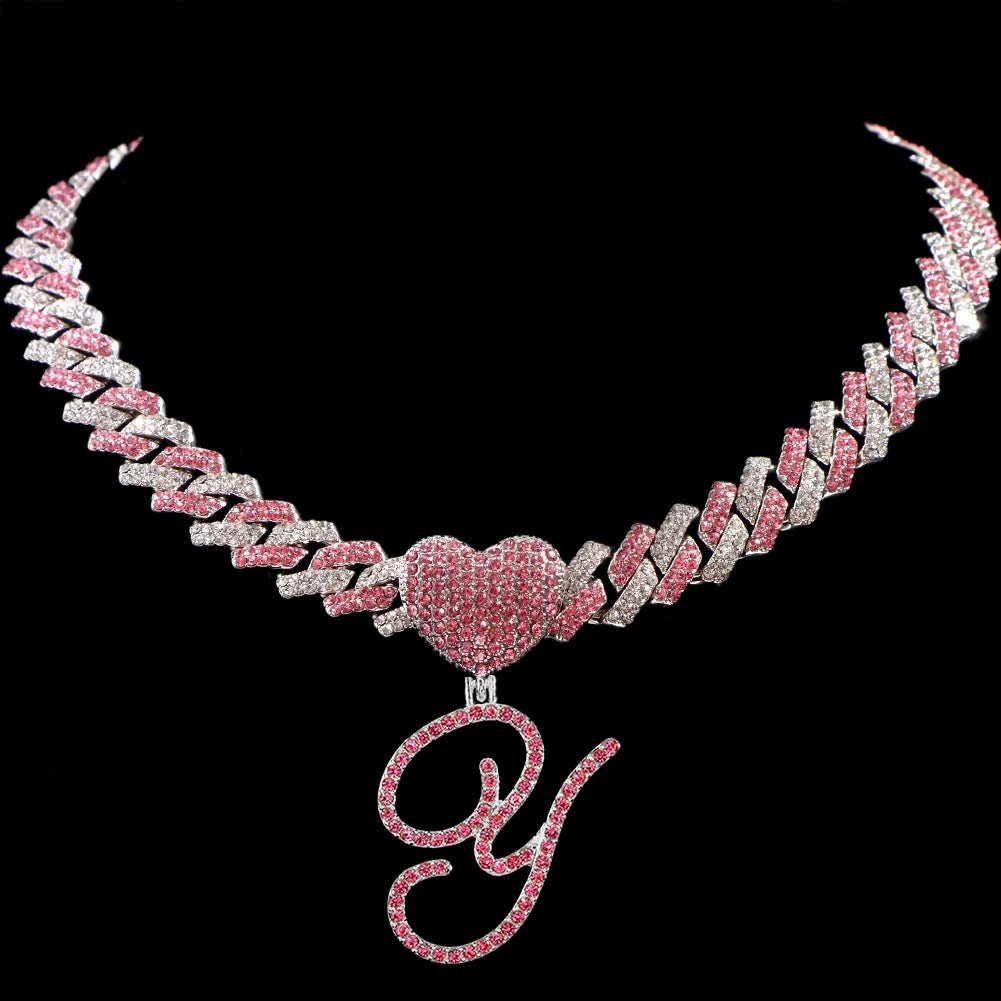 Hip Hop Bling Pink Crystal Cursive Initial Letter Cuban Necklace for Women Iced Out Paved Cuban Chain Necklace Choker Jewelry