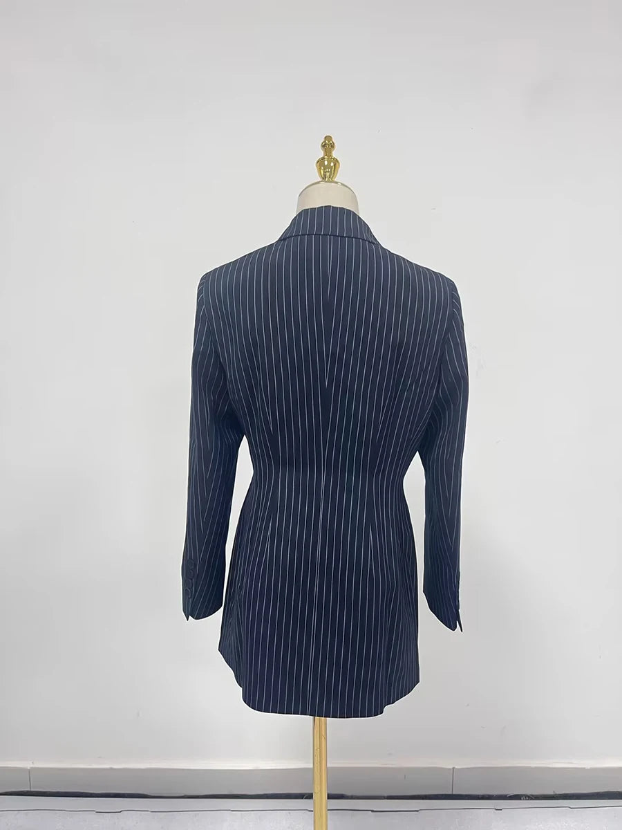 TWOTWINSTYLE Striped Temperament Blazers For Women Notched Collar Long Sleeve Tunic Patchwork Double Breasted Coats Female New